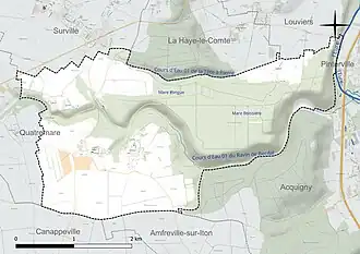Carte en couleur présentant le réseau hydrographique de la commune