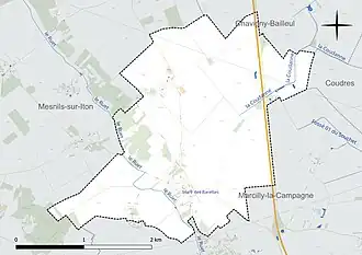 Carte en couleur présentant le réseau hydrographique de la commune