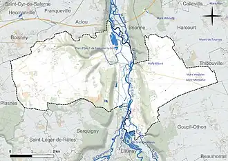 Carte en couleur présentant le réseau hydrographique de la commune