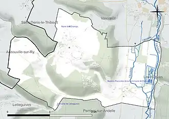 Carte en couleur présentant le réseau hydrographique de la commune