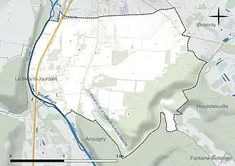 Carte en couleur présentant le réseau hydrographique de la commune