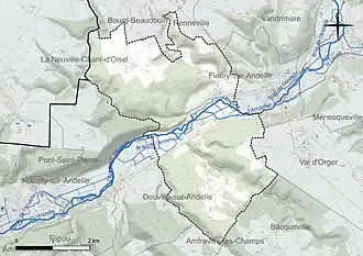 Carte en couleur présentant le réseau hydrographique de la commune