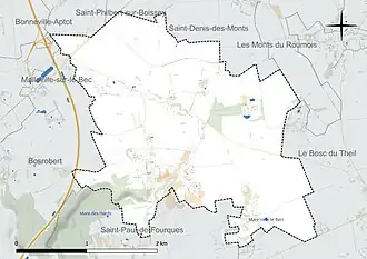 Carte en couleur présentant le réseau hydrographique de la commune