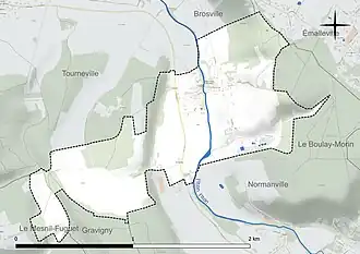 Carte en couleur présentant le réseau hydrographique de la commune