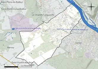 Carte en couleur présentant le réseau hydrographique de la commune