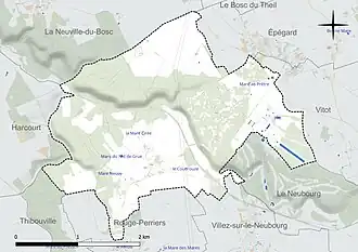 Carte en couleur présentant le réseau hydrographique de la commune