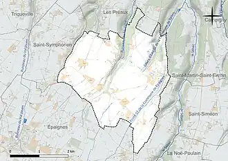 Carte en couleur présentant le réseau hydrographique de la commune