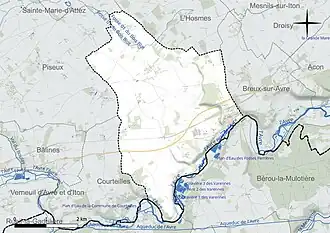 Carte en couleur présentant le réseau hydrographique de la commune