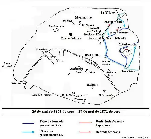 Carte montrant l'avancement des troupes versaillaises dans Paris.