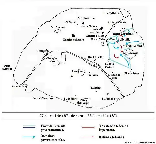 Carte montrant l'avancement des troupes versaillaises dans Paris.