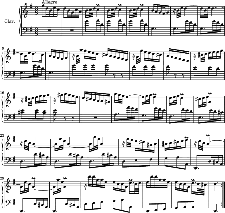 
\version "2.18.2"
\header {
  tagline = ##f
  % composer = "Domenico Scarlatti"
  % opus = "K. 171"
  % meter = "Allegro"
}

%% les petites notes
trillC       = { \tag #'print { c4\prall } \tag #'midi { d32 c d c~ c8 } }
trillE       = { \tag #'print { e4\prall } \tag #'midi { fis32 e fis e~ e8 } }
trillD       = { \tag #'print { d4\prall } \tag #'midi { e32 d e d~ d8 } }
trillGDown   = { \tag #'print { g,4\prall } \tag #'midi { a32 g a g~ g8 } }
trillEqqpUp  = { \tag #'print { e'16.\prall } \tag #'midi { \times 2/3 { e32 fis e~ } e32 } }
trillEq      = { \tag #'print { e8\prall } \tag #'midi { fis32 e fis   \tempo 4. = 20 e   \tempo 4. = 66 } }
trillA       = { \tag #'print { a4\prall~ } \tag #'midi { b32 a b a~ a8~ } }
trillADown   = { \tag #'print { a,4\prall~ } \tag #'midi { b32 a b a~ a8~ } }

upper = \relative c'' {
  \clef treble 
  \key g \major
  \time 3/8
  \tempo 4. = 66

  \repeat volta 2 {
      s8*0^\markup{Allegro}
      g'8 d16 b e c | d8 b16 g c a | \repeat unfold 3 { b c32 d \trillC } | b16 a g fis   \tempo 4. = 36 g8   \tempo 4. = 66 |
      % ms. 7
      r16 b32 e \repeat unfold 2 { d4~ | d16 b32 e } d8.[ c16] | b a g fis   \tempo 4. = 36 g8   \tempo 4. = 66 | r16 b32 a' g16[ fis e d] | cis b a g fis e |
      % ms. 13
      r16 a32 g' fis16[ e d cis] | b a g fis e d | \repeat unfold 2 { r16 cis'32 d e16[ fis fis g] } | r16 gis16 a gis fis e | d cis b a a gis |
      % ms. 19
      a'16 g32 fis e4~ | e16 fis32 g \trillE | d16 e32 fis \trillD | cis16 d32 e \trillGDown | r16 d'32 b a4~ | a16 fis'32 d a4~ |
      % ms. 25
      a16 a'32 fis a,4 | r16 fis'32 e d16[ cis gis a] | ais b cis d \trillEq | r16 d32 b \trillA | a16 fis'32 d \trillA | a16 a'32 fis \trillADown
      % ms. 31
      r16 d'16 d a a fis | fis[ d d a] \trillEqqpUp d64 e | fis16 d'16 d a a fis | fis[ d d a] \trillEqqpUp   \tempo 4. = 36 d64 cis | d4.   \tempo 4. = 66 }%repet
      % ms. 38
      
      % ms. 44
      

}

lower = \relative c' {
  \clef bass
  \key g \major
  \time 3/8

  \repeat volta 2 {
    % ************************************** \appoggiatura a16  \repeat unfold 2 {  } \times 2/3 { }   \omit TupletNumber 
      R4.*2 | \repeat unfold 3 { g'8 a d, } | g,4.
      % ms. 7
      \repeat unfold 3 { g8. g'16 fis d } | g,4. | g'8 g g | g r8 r8 |
      % ms. 13
      fis8 fis fis |fis r8 r8 | e8 e d | < cis e >8 q < b d > | < a e' > r8 r8 | R4.
      % ms. 19
      a8. a'16 g fis | g,8. g'16 fis e | fis,8. fis'16 e d | e,8. e'16 d cis | \repeat unfold 3 { d,8. d'16 cis a } | 
      % ms. 26
      d,8 e fis | g a a, | \repeat unfold 3 { d,8. d'16 cis a } | 
      % ms. 31
      d8 e fis | g a a, | d, e fis | g a a | d,4. }%repet
      % ms. 38
      
      % ms. 44
      

}

thePianoStaff = \new PianoStaff <<
    \set PianoStaff.instrumentName = #"Clav."
    \new Staff = "upper" \upper
    \new Staff = "lower" \lower
  >>

\score {
  \keepWithTag #'print \thePianoStaff
  \layout {
      #(layout-set-staff-size 17)
    \context {
      \Score
     \override TupletBracket.bracket-visibility = ##f
     \override SpacingSpanner.common-shortest-duration = #(ly:make-moment 1/2)
      \remove "Metronome_mark_engraver"
    }
  }
}

\score {
  \unfoldRepeats 
  \keepWithTag #'midi \thePianoStaff
  \midi { \set Staff.midiInstrument = #"harpsichord" }
}
