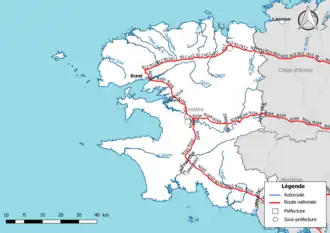 Carte du réseau routier national (autoroutes et routes nationales) dans le département du Finistère