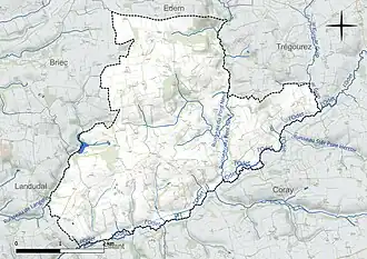 Carte en couleur présentant le réseau hydrographique de la commune