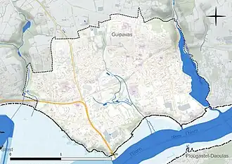 Carte en couleur présentant le réseau hydrographique de la commune
