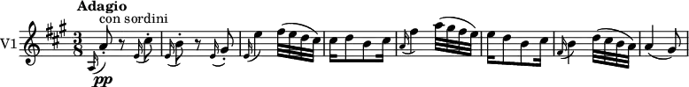 \version "2.18.2"
\new Staff \with { instrumentName = #"V1"}
\relative c' {
\key a \major
\tempo " Adagio"
\time 3/8
\tempo 4 = 50
\grace a16 (a'8)-. \pp ^ \markup {con sordini} r \grace e16 (cis'8)-.
\grace e,16 (b'8)-. r \grace e,16 (gis8)-.
\grace e16 (e'4) fis32 (e d cis)
cis16 d8 b cis16
\grace a16 (fis'4) a32 (gis fis e)
e16 d8 b cis16
\grace fis,16 (b4) d32 (cis b a)
a4 (gis8)
}