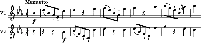 
<<
  \new Staff \with { instrumentName = #"V1 "} 
  \relative c'' {
    \version "2.18.2"
    \key ees  \major 
    \tempo "Menuetto"
    \time 3/4
     \partial4 \partial4 bes4\f ees8 (bes ) g-! ees-! d'4
     ees4 r4 f
     g8 (ees) bes-! g-! f'4
     g r4 aes 
     bes8 (g) ees-! bes-! a'4 bes
}
\new Staff \with { instrumentName = #"V2 "} \relative c'' {
    \key ees  \major 
    \tempo "Menuetto"
    \time 3/4
     \partial4 \partial4 r4 r4 r4 bes4\f
     c8 (g) ees-! c-! d'4
     ees4 r4 d
     ees8 (bes) g-! ees-!
     f'4 g r4 ees d
}
>>
