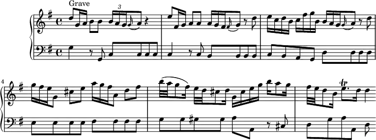 \version "2.18.2"
\header {
tagline = ##f
% composer = "Domenico Scarlatti"
% opus = "K. 91"
% meter = "Grave – Allegro"
}
%% les petites notes
trillEqp = { \tag #'print { e8.\trill } \tag #'midi { \times 2/3 { fis32 e fis } e8 } }
upper = \relative c'' {
\clef treble
\key g \major
\time 4/4
\tempo 4 = 52
\set Staff.midiInstrument = #"oboe"
s8*0^\markup{Grave}
d8-\tweak stencil ##f \f g,16 a b8 b \times 2/3 { b16 a g } \appoggiatura g16 a8 r4 |
e'8 fis,16 g a8 a \omit TupletNumber \times 2/3 { a16 g fis } \appoggiatura fis16 g8 r8 d'8 |
e16 c d b c fis g b, \times 2/3 { b16 a g } \appoggiatura g16 a8 r8 d8 |
% ms. 5
\times 2/3 { g16 fis e } g,8 cis e \times 2/3 { a16 g fis } a,8 d fis | b32( a g8 fis16) e32 d cis8 d16 g, cis e g b a8 g16 |
fis32 e d8 b16 \trillEqp d16 d4*1/2
}
lower = \relative c' {
\clef bass
\key g \major
\time 4/4
\set Staff.midiInstrument = #"harpsichord"
% ************************************** \appoggiatura a16 \repeat unfold 2 { } \times 2/3 { } \omit TupletNumber
g4-\tweak stencil ##f \p r8 g,8 | c c c c | c4 r8 c8 b b b b | c b a g d' d d d |
% ms. 5
e8 e e e fis fis fis fis | g g gis gis a a, r8 cis8 | d g a a, d
}
thePianoStaff = \new PianoStaff <<
\set PianoStaff.instrumentName = #""
\new Staff = "upper" \upper
\new Staff = "lower" \lower
>>
\score {
\keepWithTag #'print \thePianoStaff
\layout {
#(layout-set-staff-size 17)
\context {
\Score
\override TupletBracket.bracket-visibility = ##f
\override SpacingSpanner.common-shortest-duration = #(ly:make-moment 1/2)
\remove "Metronome_mark_engraver"
}
}
}
\score {
\keepWithTag #'midi \thePianoStaff
\midi { }
}