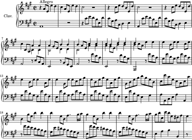 \version "2.18.2"
\header {
tagline = ##f
% composer = "Domenico Scarlatti"
% opus = "K. 456"
% meter = "Allegro"
}
%% les petites notes
%trillBesp = { \tag #'print { bes4.\prall } \tag #'midi { c32 bes c bes~ bes4 } }
upper = \relative c'' {
\clef treble
\key a \major
\time 2/2
\tempo 2 = 82
\set Staff.midiInstrument = #"harpsichord"
\override TupletBracket.bracket-visibility = ##f
s8*0^\markup{Allegro}
r4 a8 e e'4 d | cis a8 e e'4 d | \repeat unfold 2 { cis2 r2 | r4 cis8 e d b e, d' } |
% ms. 7
cis4 cis,8 a << { a'4 a | a gis8 e b'4 b } \\ { cis,4 cis | b2 d4 d } >> |
% ms. 9
<< { b'4 a8 e cis'4 cis | cis b d d | d } \\ { cis,2 a'4 a | a gis8 e b'4 b | b } >> cis8 a e'4 e | e b8 e e4 cis8 e |
% ms. 13
e4 b8 e e4 a,8 e' | e4 gis,8 e' e cis e gis | e b e gis e a, e' gis | gis, b e gis b gis e b |
% ms. 17
cis8 cis' a e cis a cis a' | b,4 gis'8 e b'4 b | b e,8 b fis'4. gis16 a | gis4 e8 b b'4 b |
% ms. 21
b4 e,8 b fis'4. gis16 a | gis8 b cis, cis' b e, dis fis | e4
}
lower = \relative c' {
\clef bass
\key a \major
\time 2/2
\set Staff.midiInstrument = #"harpsichord"
\override TupletBracket.bracket-visibility = ##f
% ************************************** \appoggiatura a16 \repeat unfold 2 { } \times 2/3 { } \omit TupletNumber
a,1 | R1 | r4 cis'8 e d b e, d' | cis gis a cis, d4 e |
% ms. 5
a,4 cis'8 e d b e, d' | cis gis a cis, d4 e | a,2 r8 e'8 cis a | e2 r8 b'8 gis e |
% ms. 9
a2 r8 e''8 cis a | e,2 r8 d''8 b gis | a,,2 r8 e'''8 cis a | gis e' b gis a e' cis a |
% ms. 13
gis8 e' b gis fis e' a, fis | e e' b gis a e' cis a | gis e' b gis fis e' a, fis | e e' b gis e4 gis |
% ms. 17
a8 a, cis e a4 a, | r8 gis''8 fis e d cis b a | gis e' dis cis b a gis fis | e gis' fis e dis cis b a |
% ms. 21
gis8 e' dis cis b a gis fis | e4 a b b, | r8 s8
}
thePianoStaff = \new PianoStaff <<
\set PianoStaff.instrumentName = #"Clav."
\new Staff = "upper" \upper
\new Staff = "lower" \lower
>>
\score {
\keepWithTag #'print \thePianoStaff
\layout {
#(layout-set-staff-size 17)
\context {
\Score
\override SpacingSpanner.common-shortest-duration = #(ly:make-moment 1/2)
\remove "Metronome_mark_engraver"
}
}
}
\score {
\keepWithTag #'midi \thePianoStaff
\midi { }
}