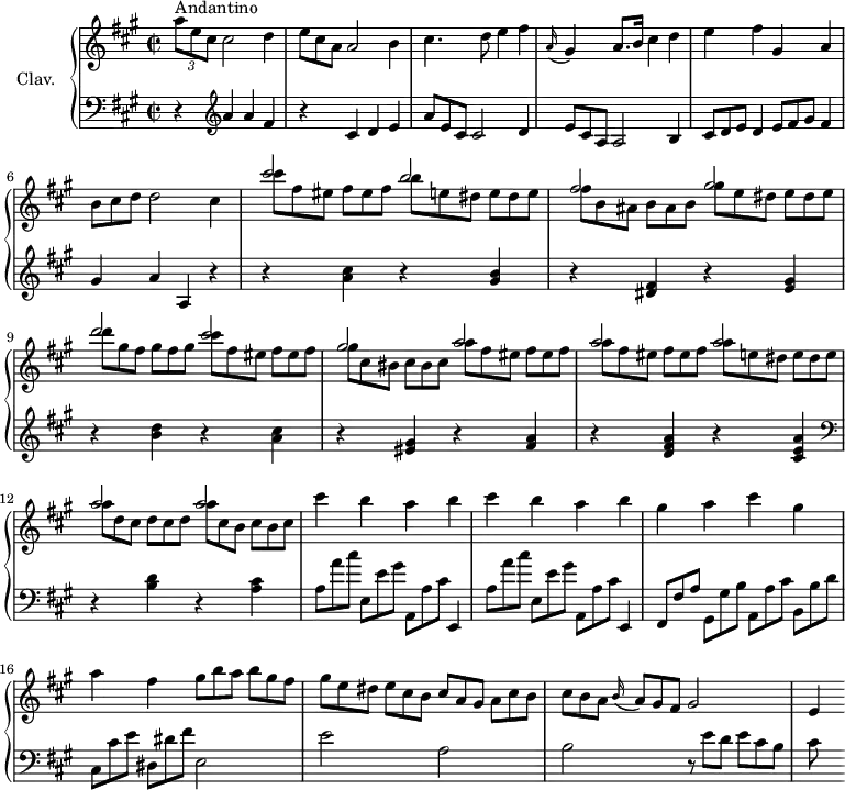 
\version "2.18.2"
\header {
  tagline = ##f
}

%% les petites notes
trillFis     = { \tag #'print { fis8.\trill } \tag #'midi { \repeat unfold 2 { gis32 fis } gis fis } }

upper = \relative c'' {
  \clef treble 
  \key a \major
  \time 2/2
  \tempo 4 = 120
  \set Staff.midiInstrument = #"harpsichord"
  \override TupletBracket.bracket-visibility = ##f


     s8*0^\markup{Andantino}
     \times 2/3 { a'8 e cis }   \omit TupletNumber cis2 d4 | \times 2/3 { e8 cis a } a2 b4 | cis4. d8 e4  fis |
     % ms. 4
     \appoggiatura a,16 gis4 a8. b16 cis4 d | e fis gis, a | \times 2/3 { b8 cis d } d2 cis4 |
     % ms. 7
     << { cis'2 b | fis gis | d' cis } \\ {  \omit TupletNumber \times 2/3 { cis8 fis, eis } \times 2/3 { fis8[ eis fis] } \times 2/3 { b8 e, dis } \times 2/3 { e[ dis e] } | \times 2/3 { fis8 b, ais } \times 2/3 { b8[ ais b] } | \times 2/3 { gis'8 e dis } \times 2/3 { e8[ dis e] } \times 2/3 { d'8 gis, fis } \times 2/3 { gis8[ fis gis] } \times 2/3 { cis8 fis, eis } \times 2/3 { fis8[ eis fis] } } >>
     % ms. 10
      << { gis2 a | a a | a a } \\ { \omit TupletNumber \times 2/3 { gis8 cis, bis } \times 2/3 { cis8[ bis cis] } | \repeat unfold 2 { \times 2/3 { a'8 fis eis } \times 2/3 { fis8[ eis fis] } } | \times 2/3 { a8 e dis } \times 2/3 { e8[ dis e] } | \times 2/3 { a8 d, cis } \times 2/3 { d8[ cis d] } | \times 2/3 { a'8 cis, b } \times 2/3 { cis8[ b cis] } } >> |
     % ms. 13
     \repeat unfold 2 { cis'4 b a b } |
     % ms. 15
     gis4 a cis gis | a fis  \times 2/3 { gis8 b a }  \times 2/3 { b8[ gis fis] } | \times 2/3 { gis8 e dis }  \times 2/3 { e8[ cis b] }  \times 2/3 { cis8 a gis }  \times 2/3 { a8[ cis b] } |
     % ms. 18
     \times 2/3 { cis8[ b a] }  \times 2/3 { \appoggiatura b16 a8 gis fis } gis2 | e4

}

lower = \relative c' {
  \clef bass
  \key a \major
  \time 2/2
  \set Staff.midiInstrument = #"harpsichord"
  \override TupletBracket.bracket-visibility = ##f
  \omit TupletNumber

    % **************************************
     r4   \clef treble  a'4 a fis | r4 cis d e | \times 2/3 { a8 e cis } cis2 d4 |
     % ms. 4
     \times 2/3 { e8 cis a } a2 b4 | \times 2/3 { cis8 d e } d4 \times 2/3 { e8 fis gis } fis4 | gis a a, r4 |
     % ms. 7
     r4 < a' cis >4 r4 < gis b >4 | r4 < dis fis >4 r4 < e gis >4 | r4 < b' d >4 r4 < a cis >4 |
     % ms. 10
     r4 < eis gis >4 r4 < fis a >4 | r4 < d fis a >4 r4 < cis e a >   \clef bass |
     % ms. 12
     r4 < b d >4 r4 < a cis >4 | \repeat unfold 2 {  \times 2/3 { a8 a' cis }  \times 2/3 { e,,[ e' gis] }  \times 2/3 { a,, a' cis } e,,4 }
     % ms. 15
     \times 2/3 { fis8 fis' a } \times 2/3 { gis,8[ gis' b] } \times 2/3 { a,8[ a' cis] } \times 2/3 { b,8[ b' d] } | \times 2/3 { cis,8 cis' e }  \times 2/3 { dis,8[ dis' fis] } e,2 | e' a, |
     % ms. 18
     b2  \times 2/3 { r8 e8 d } \times 2/3 { e8[ cis b] } | cis8

} 

thePianoStaff = \new PianoStaff <<
    \set PianoStaff.instrumentName = #"Clav."
    \new Staff = "upper" \upper
    \new Staff = "lower" \lower
  >>

\score {
  \keepWithTag #'print \thePianoStaff
  \layout {
      #(layout-set-staff-size 17)
    \context {
      \Score
     \override SpacingSpanner.common-shortest-duration = #(ly:make-moment 1/2)
      \remove "Metronome_mark_engraver"
    }
  }
}

\score {
  \keepWithTag #'midi \thePianoStaff
  \midi { }
}
