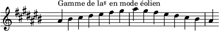 
\relative c'' { 
  \key ais \aeolian
  \clef treble \time 7/4 \hide Staff.TimeSignature ais4^\markup { Gamme de la♯ en mode éolien } bis cis dis eis fis gis ais gis fis eis dis cis bis ais
}
