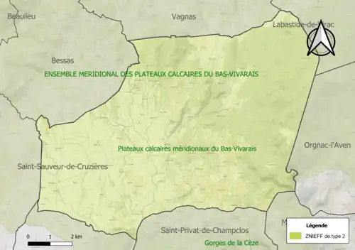 Carte de la ZNIEFF de type 2 dans la commune.