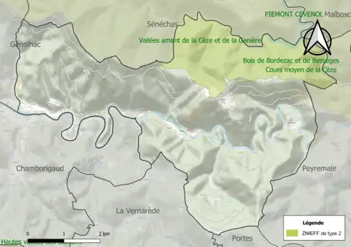 Carte des ZNIEFF de type 2 sur la commune.