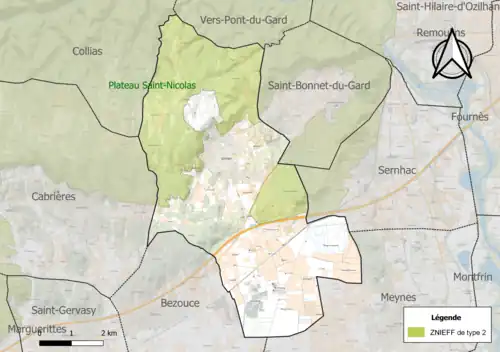 Carte de la ZNIEFF de type 2 sur la commune.