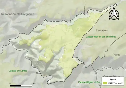 Carte de la ZNIEFF de type 2 sur la commune.