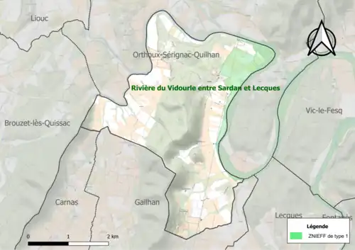 Carte de la ZNIEFF de type 1 sur la commune.