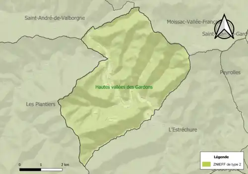 Carte de la ZNIEFF de type 2 sur la commune.