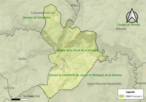 Carte des ZNIEFF de type 2 sur la commune.