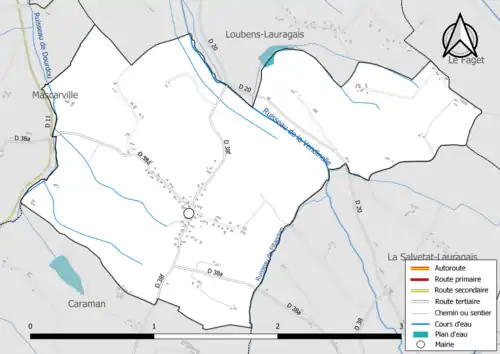 Carte en couleur présentant le réseau hydrographique de la commune