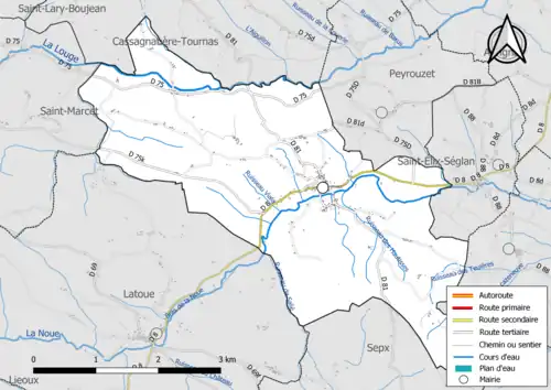 Carte en couleur présentant le réseau hydrographique de la commune