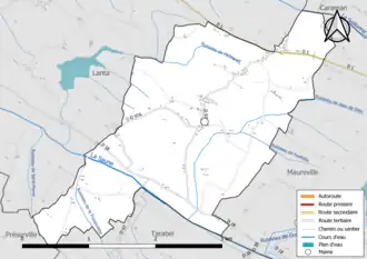 Carte en couleur présentant le réseau hydrographique de la commune