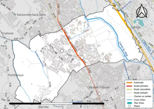 Carte en couleur présentant le réseau hydrographique de la commune