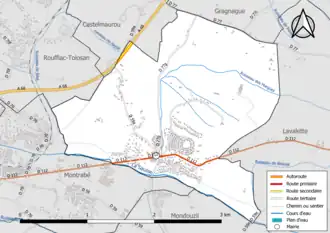 Carte en couleur présentant le réseau hydrographique de la commune