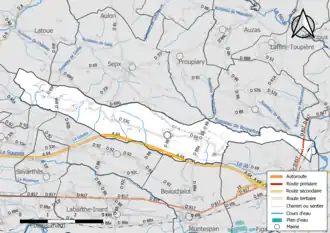 Carte en couleur présentant le réseau hydrographique de la commune