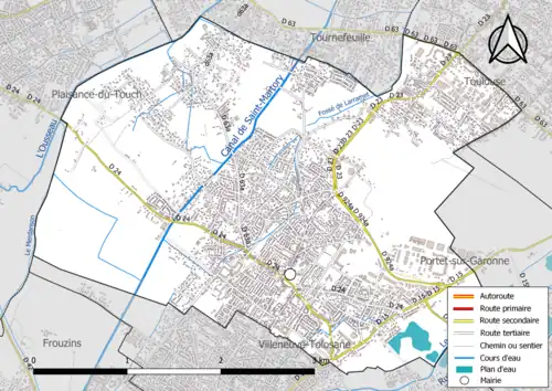 Carte en couleur présentant le réseau hydrographique de la commune