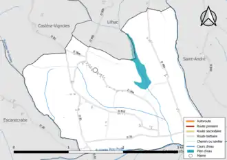 Carte en couleur présentant le réseau hydrographique de la commune