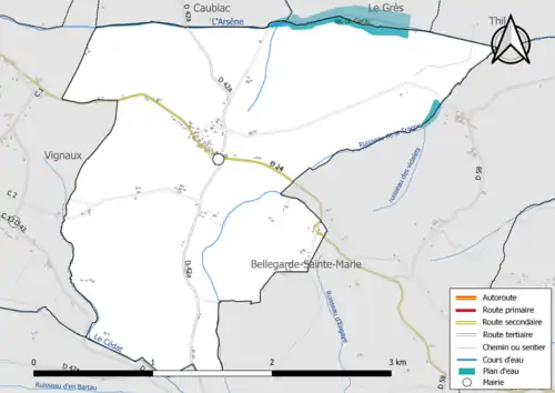Carte en couleur présentant le réseau hydrographique de la commune