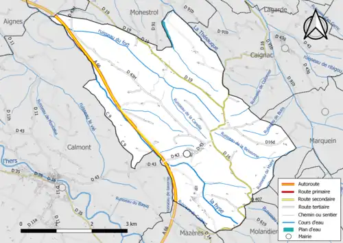 Carte en couleur présentant le réseau hydrographique de la commune