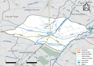 Carte en couleur présentant le réseau hydrographique de la commune