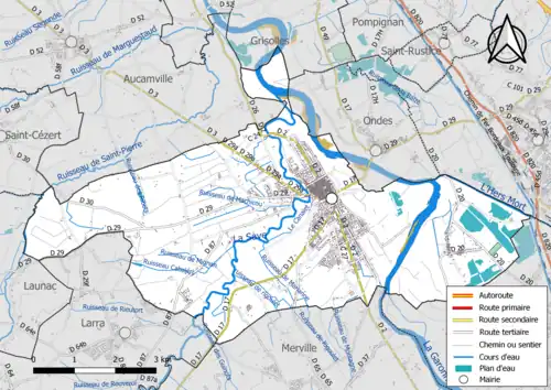 Carte en couleur présentant le réseau hydrographique de la commune