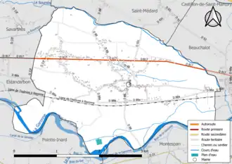 Carte en couleur présentant le réseau hydrographique de la commune