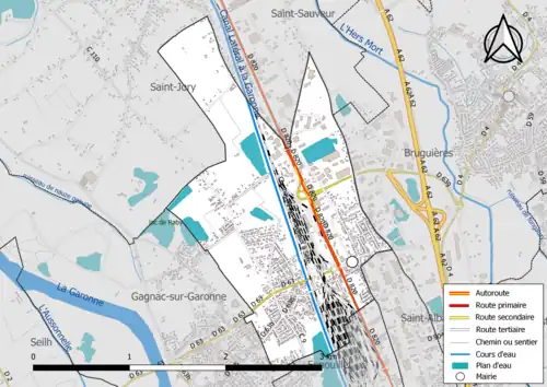 Carte en couleur présentant le réseau hydrographique de la commune