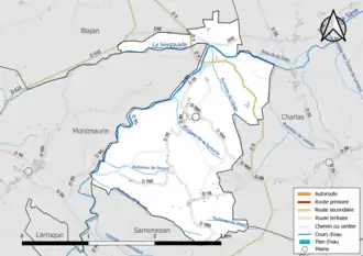 Carte en couleur présentant le réseau hydrographique de la commune