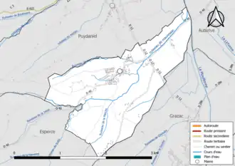 Carte en couleur présentant le réseau hydrographique de la commune