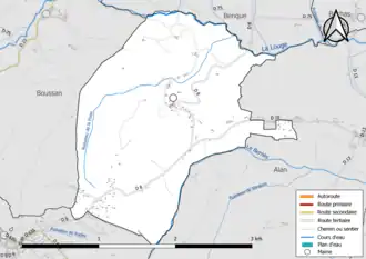 Carte en couleur présentant le réseau hydrographique de la commune