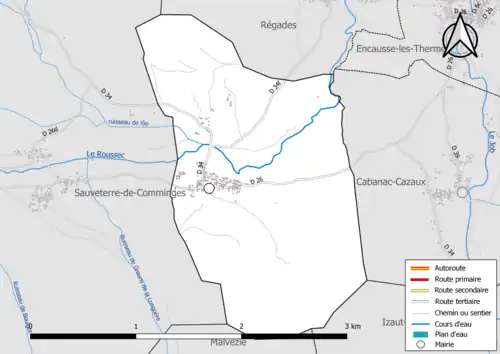 Carte en couleur présentant le réseau hydrographique de la commune