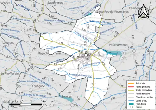 Carte en couleur présentant le réseau hydrographique de la commune